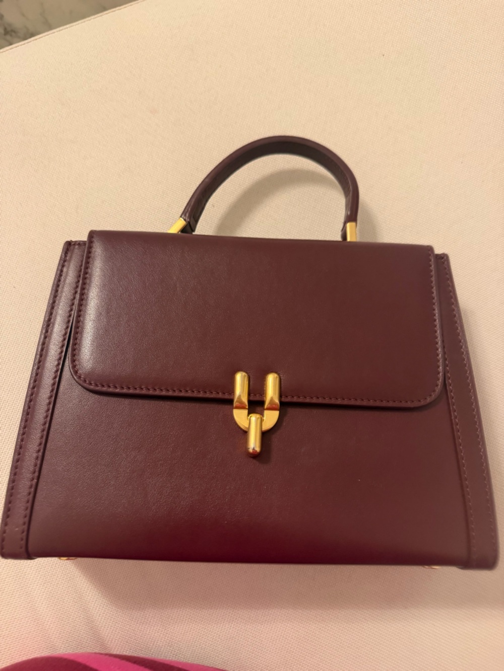 Leo et Violet Le Laurence Top-Handle Bag in Burgundy with Gold Hardware